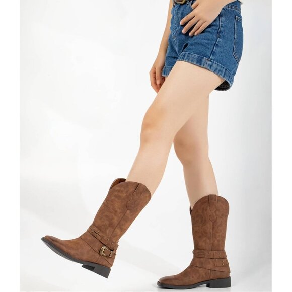 SheSole Western Boots Women's Brown Tan Faux Leather Square Toe Wide Mid Calf - Picture 6 of 9